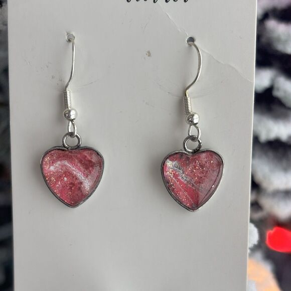Handmade Acrylic Pour Heart Earrings Hypoallergenic Dangle Jewelry Holiday Gift - Picture 4 of 5